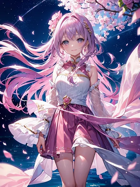 (((​masterpiece)))、(((top-quality)))、((ultra-detailliert))、(illustratio)、((extremely delicate and beautiful))、、Bright smile、floating、Light purple hair、(Detailed light) (1girl in)、、独奏、The long-haired、The wind is blowing、A WORLD、（cute eye:1.5）、Pink moon、Pink...