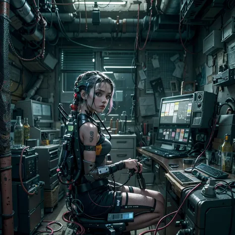 foto realista, cinemactic, alta calidad, chica cyberpunk sentada frente a una computadora, in an abandoned room with cables and ...