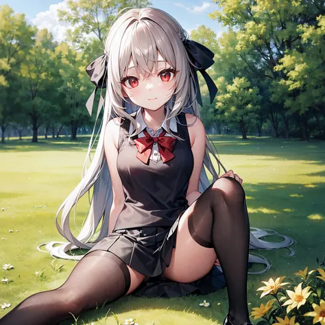 wavy gray hair、bow ribbon、red eyes、Beautiful girl alone、a miniskirt、Black tights、flower  field、Sitting on the ground