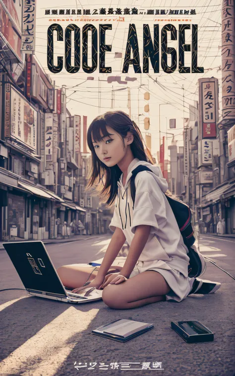 Movie Photography Movie Posters, 13-year-old girl sitting at a shrine in the valley between buildings in Akihabara, tokyo prefecture, Working with a laptop. The morning sun is shining. 8K, Best Rendering, Top Text Says "Code Angel" Behind a girl looking in...