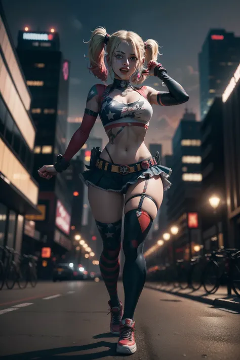 full body portrait of harley quinn, in action pose, city background, mejor calidad, (belleza), （muy fino y hermoso), (Fondo de pantalla 8k con unidad CG extremadamente detallada, Obra maestra, La mejor calidad, Ultra detallado)