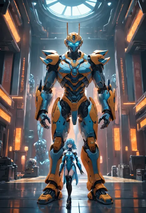 There are three robots that are standing in a temple, Disparo de efectos visuales, Impresionantes efectos visuales, sci-fi cinematic movie still, 8 k movie still, dramatic sci-fi movie still, from a 2 0 1 9 sci fi 8 k movie, vfx action shot, movie still of...