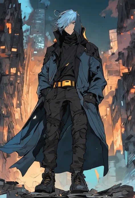 A 15-year-old man，Blue hair and black eyes, Wearing a black superhero costume similar to a spy uniform，Cloaked in tattered yellow cloak, A cloud of shadows appeared behind him, He leaned his back against the top of a building，Looking at a city in ruins, an...