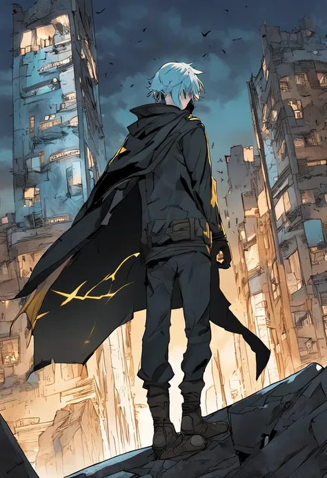 A 15-year-old man，Blue hair and black eyes, Wearing a black superhero costume similar to a spy uniform，Cloaked in tattered yellow cloak, A cloud of shadows appeared behind him, He leaned his back against the top of a building，Looking at a city in ruins, an...