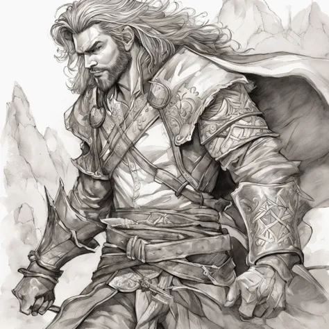 realistic - illustration - pencil art - anime - man ((Branco)), ((guerreiro medieval)), ((dnd)), ((Dungeon and Dragons)), senhor do caos, mestre da magia, guerreiro, em pose imponente, with enigmatic look, cabelo preto, medium wearing adventurers leather c...