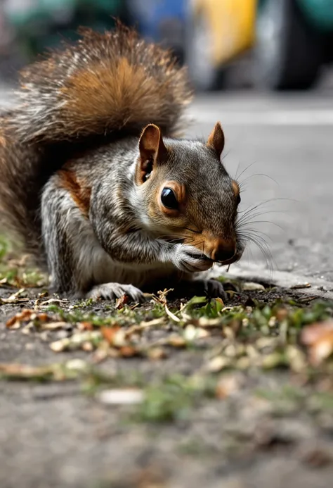 a malnourished squirrel on a street in the USA lying on the ground thirsty and very mistreated