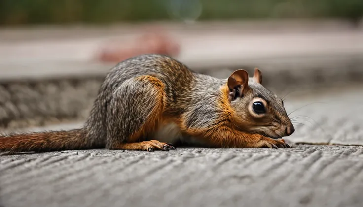 a skinny squirrel lying almost dead on a street in the USA lying on the ground thirsty and very mistreated