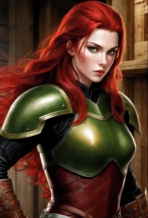 Female, attractive, angulous face, perfect face, detailed face, tuff, red hair, long hair, green eyes, leather armor, rogue, hot