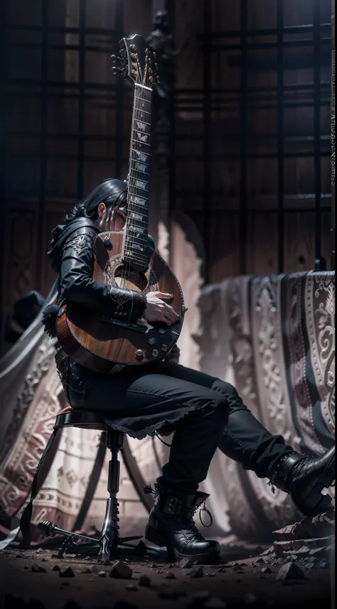 ceifador sentado sobre uma montanha de guitarras,dark,gothic,hdr,uhd,8k,sharpness