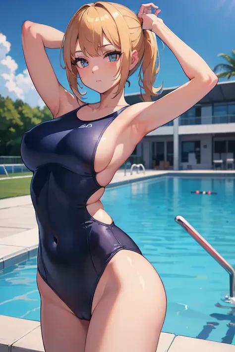 ((Best Quality, 8K, ultra-detailed, Masterpiece: 1.3)), 1girl, shiny skin, sharp, Perfect Body Beauty, realistic shaded perfect body, ("school swim suit, transparent_pussy":1.2),big_breasts ,(dynamic pose:1.1), thigh , cute , pool side,stick out sideboob