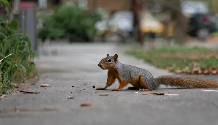 a skinny dirty squirrel lying almost dead on a street in the USA lying on the ground thirsty and very mistreated drinking water in a eater bottle given by a man