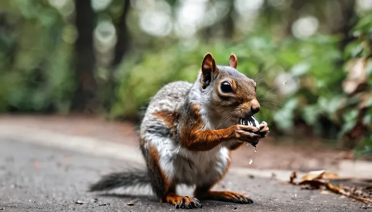 a skinny dirty squirrel lying almost dead on a street in the USA lying on the ground thirsty and very mistreated drinking water in a eater bottle given by a man