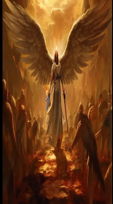 an image of a man with a sword standing in a desert, Anjo no inferno, arcanjo, angels vs demons, angel watching demon, angels and demons, anjo protegendo o homem, Arcanjo Miguel, O Anjo da Morte, Battle between angels and demons, anjo super largo, epic ang...