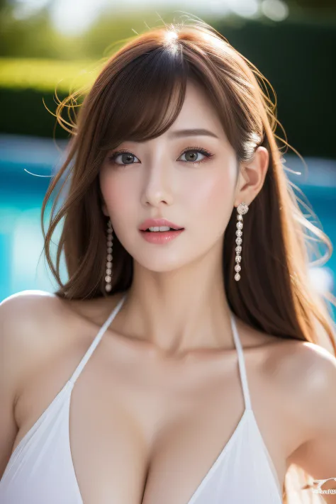 （best qualtiy，4K，tmasterpiece：1.3），Colossal tits, Nipple Exposed,Cheerful woman，hyper realisitic，１Man Woman, poolparty，Detailed eyes，二重まぶた，Sensual dress with low collar,hanging breasted,Super Detailed Face，Detailed lips,Detailed ears