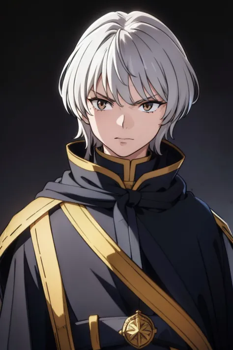 14-years-old-boy. silver hair. Middle hair. Serious eyes. Golden eyes. Black cloak. (Half body: 2)