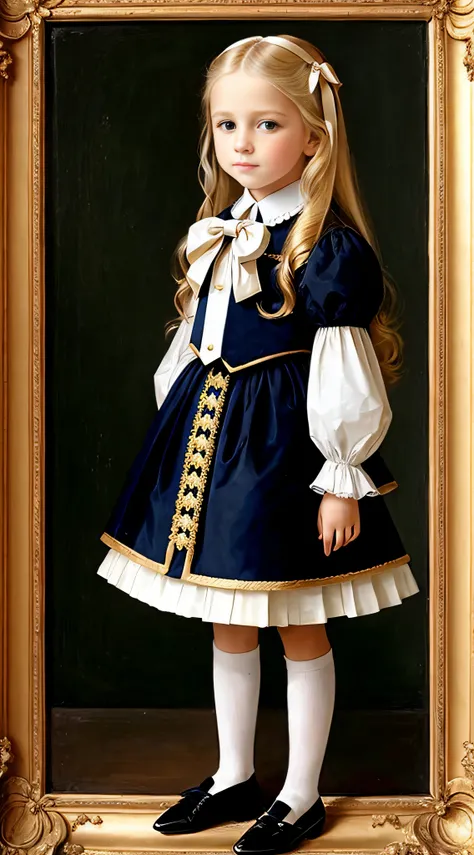 Europeans, Girls Children , Portrait , Long blonde hair and bow，Layered skirt，Noble，opulent，cropped shoulders