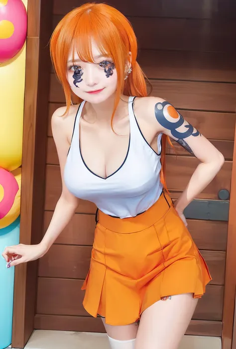 1girl, nami one peace, white shirt, orange skirt,  hair orange, realistic, ultra detail