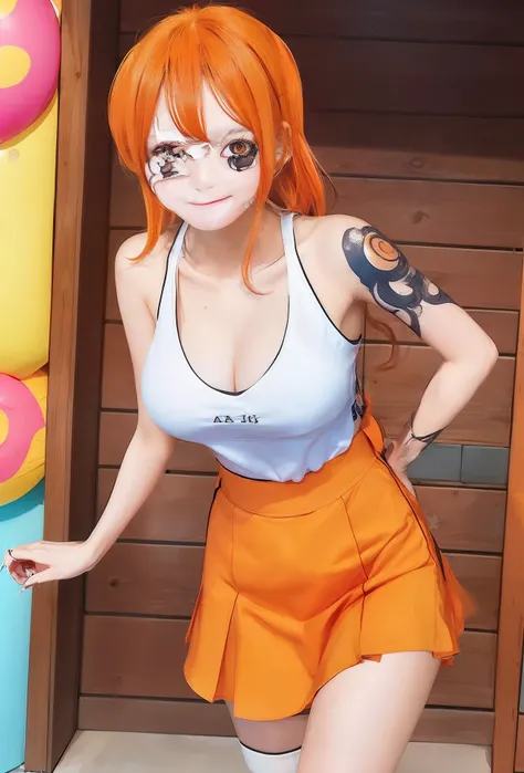 1girl, nami one peace, white shirt, orange skirt,  hair orange, realistic, ultra detail