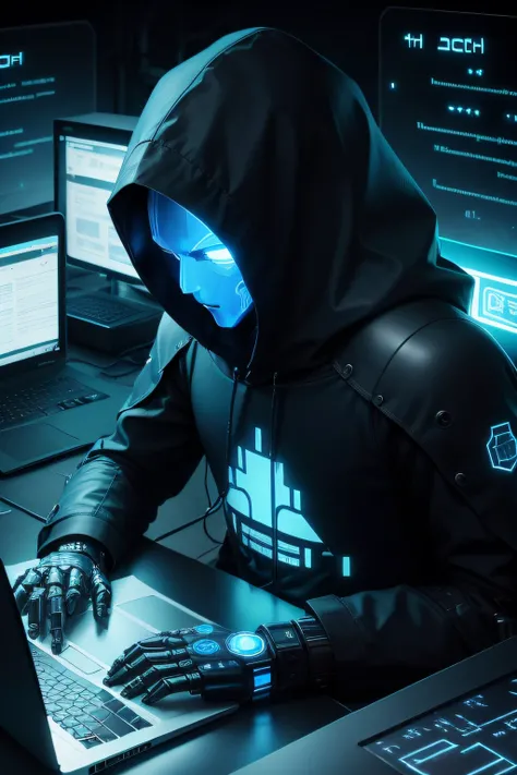 robot WITH blue hood writing NAVAH, sitting at a laptop, Hacking, hacker, Dados corrompidos, efeitos de Hacking, cyberwarfare, Cybernetic style