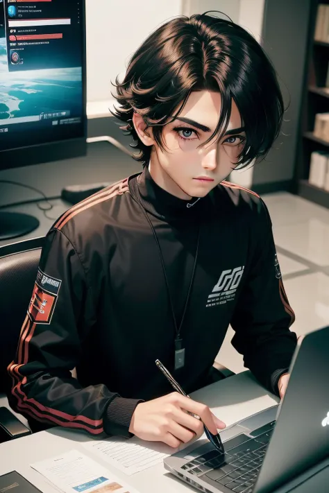 Melhor qualidade: 1.0), (super high res: 1.0), Anime boy, cabelo preto curto DE LADO, olhos castanhos, sentado na frente do computador jogando jogos, fundo na sala de games,