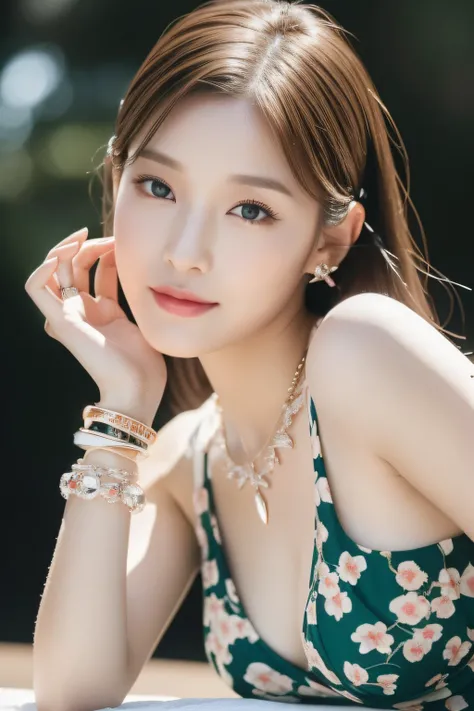 (((８K Very high resolution, high detailing, highly accurate, masutepiece))),Photography & realistic atmosphere,shinny skin,Beautiful skin,fine-grained white skin,Detailed face,Detailed eyes、Dark green eyes,Very pretty eyes,Detailed lips、very beautiful face...