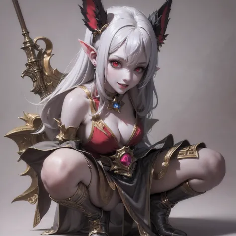 1girl, anime, 3d, like a league of legends, vampire girl, very gray skin, pale, zombie clean skin, red eyes, long ears, focusing on the feet, perfect fingers, sitting, squatting, scary smile,  crazy --auto --s2