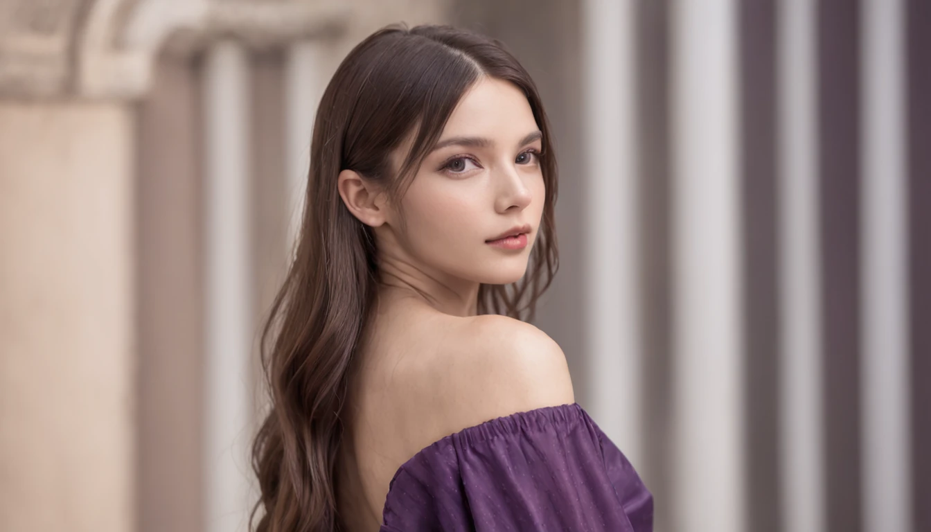 RAW, professional photograph, movie photograph, medium shot, Female, twenty years old, (going up the stairs), elegant suit, elegant dress, gradient background light purple and midnight purple, (Artemisa), athletic body, soft facial features, long hair, str...