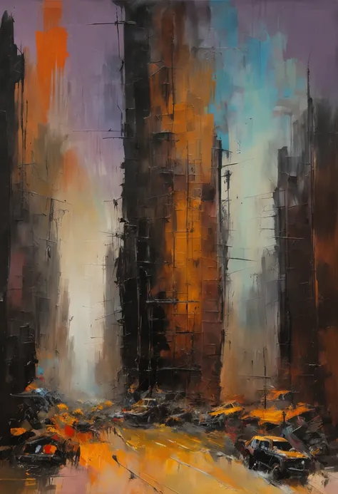 "Cityscape of a post-apocalyptic future, devoid of any signs of life, characterized by striking paint strokes and a palette of dark colors."