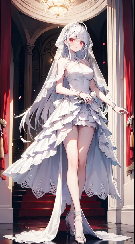 masterpiece, highlydetailed, (bestquality), 1girl,bishoujo,stare,red eyes,beautiful detailed eyes,long hair,hair straight，white hair,silver_hair,Wing-like bangs，Dull hair,ahoge,Hair rings,braid, cold,Sharp eyes，bridal gown, glowing bride, white wedding dre...