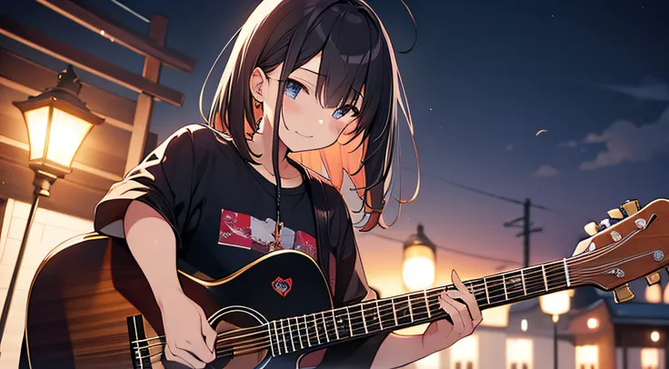 masutepiece, Best Quality,Illustration, Wallpaper, ember, Solo, (twinks), Thin fishing eyes, stele、nighttime scene、observitory、Playing guitar、acoustic guitar、Far angle、bars