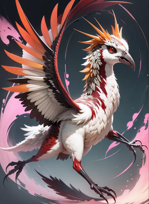 (anime style) cockatrice, white and red, large and sharpen claws, open wings, Full body, ultra HD --auto --s2