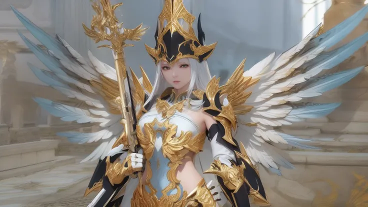 there is a woman dressed in a costume with wings and gold holding a gun in each hand with matching colors as costume, angelic golden armor, intricate white and gold armor, from lineage 2, ornate white and gold armour, heavy white and golden armor, gold win...