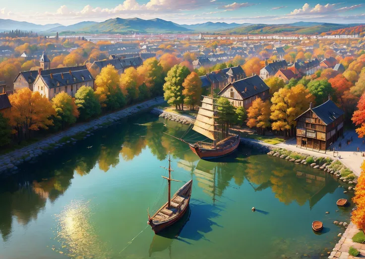 Autumn ancient town，Small ships rippling