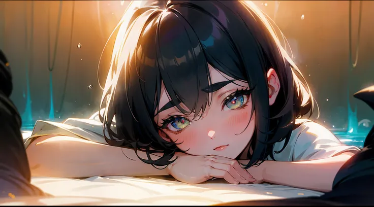 Original Characters、Volume Lighting、Best Shadows、Shallow depth of field、Portrait of an amazingly beautiful girl、Delicate beautiful attractive face with petite and seductive eyes、Woman sleeping at the bottom of the deep sea、Sharp Eyebrows、Black Hair Shortcu...