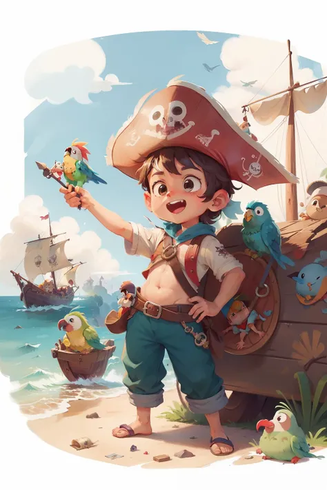 menino pirata fofo, Adorable pirate with cartoon style parrot, desenho infantil, Tales for children, estilo cartoon, Aquarela,