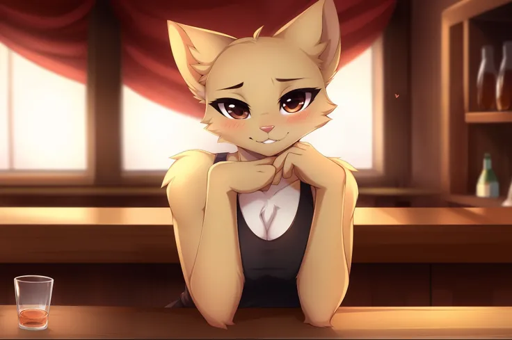 katia, cat girl, furry anthro, solo, dark brown eyes, (furry body:1.1), (best quality), wearing black tank top, close up, at a bar, leaning on a round table, empty glass cupsin front of her, eyes half closed, blushing, biting_lip:1.4, little hearts floatin...