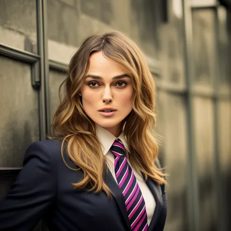 keira knightley in a suit and tie leaning against a wall, girl in suit, girl in a suit, wearing a strict business suit, in stric...