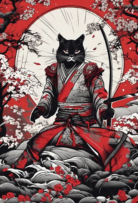 "(gato samurai preto+vermelho+branco), incredible details, pose feroz, Traditional Japanese background, epic illustration, Flawless image quality"