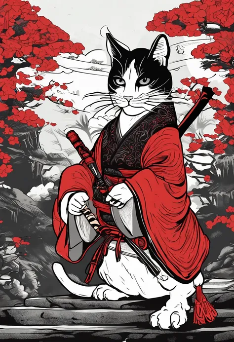 "(gato samurai preto+vermelho+branco), incredible details, pose feroz, Traditional Japanese background, epic illustration, Flawless image quality"