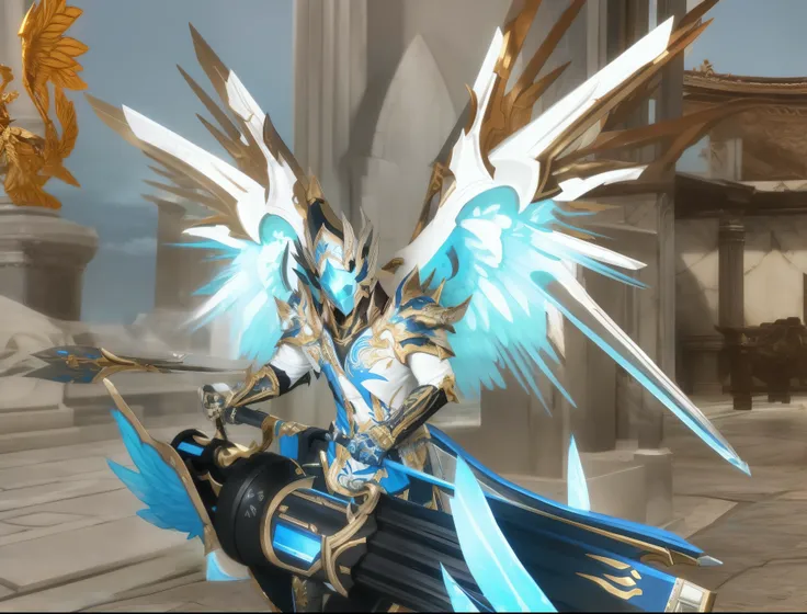 there is a blue and white male game character with wings, from lineage 2, aion, armor angle with wing, winged archer, from ncsoft, lineage 2 revolution style, <mmorpgs scene, gold paladin, sliver ice color reflected armor, face mask, holy paladin, archange...