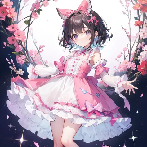 Cute little girl with short, curly hair adorned with colorful ribbons, wearing a frilly dress with floral patterns, and accessorized with a matching bow and sparkly shoes