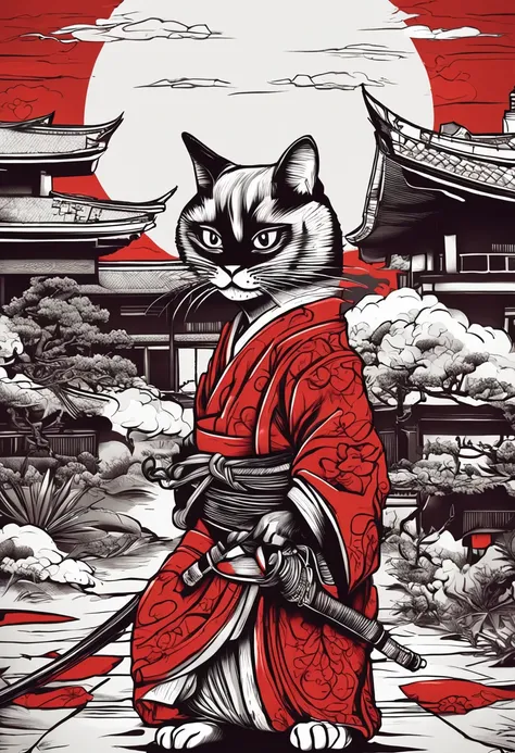 "(gato samurai preto+vermelho+Branco), incredible details, pose feroz, Traditional Japanese background, epic illustration, Flawless image quality"