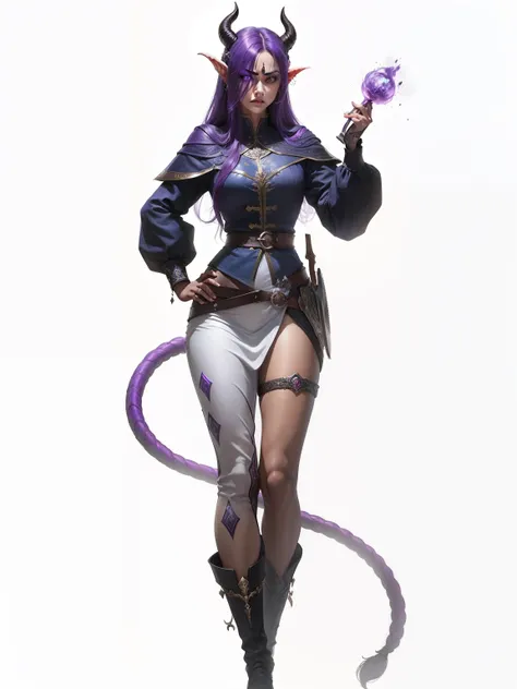 "melhor qualidade, retrato de uma tiefling deslumbrante, unique appearance, pele roxo claro, adagas afiadas, calm expression, olhar assassino, vestindo uma armadura de couro deslumbrante".