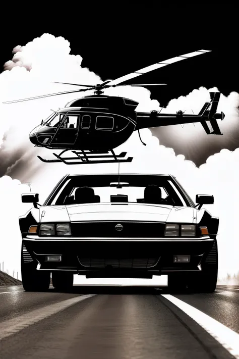 A car pulls a helicopter，The car is on the road，Helicopters in the sky，Make it into illustration form，