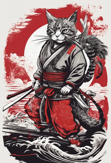 "(gato samurai preto+vermelho+Branco), incredible details, pose feroz, Traditional Japanese background, epic illustration, Flawless image quality"