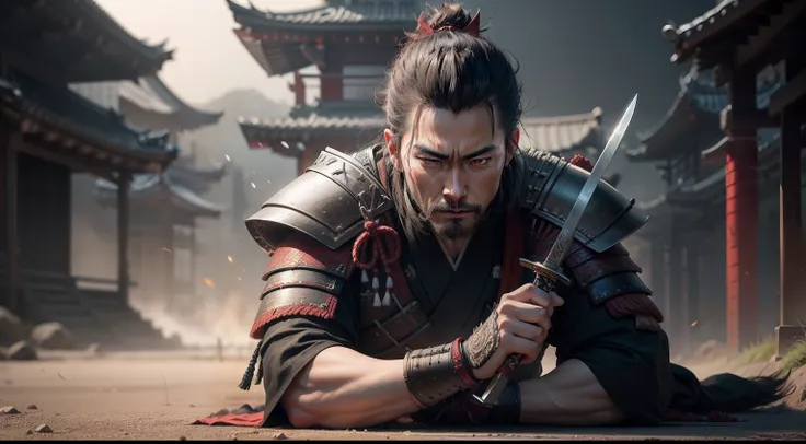 create a realistic image of a samurai with his sword piercing the ground with his head down