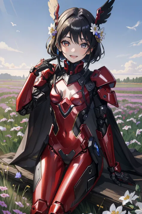 (​master piece, Best Quality), Intricate details, valkyrie, kawaii, (((Cheerful smile))), Opens mouth and laughs, Hand up, Looking at Viewer, Feather Headgear, (((Flower meadow))), Sitting, 15yo student, 

1girl in, Solo, Realistic, ultra-detailliert, (Shi...