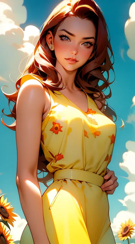 (master part), best quality, A woman with long red hair and a dress is lying in a field of sunflowers, olhos expressivos, rosto perfeito, pintura realista da menina bonito, Beautiful digital illustration, estilo de arte realista, Lois Ross, pintura digital...