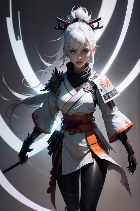 bits of color, white samurai uniform, futuristic hand drawn, light, white, gritty, realistic, Rough draw, mix of bold dark lines and loose lines, bold lines, samurai woman, leaves, animals, runes, light theme, full body in picture clearly visible, full bod...