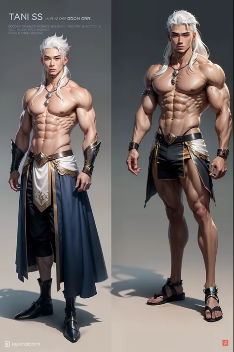 male warrior fantasy, god of ice and is the first to appear tall as a god, short hair, character design sheet, different poses, different angles, 1boy, single, asian boy, handsome, reference sheet, perfect face, hansome face, 1.85 tall, shaved, gods asian ...